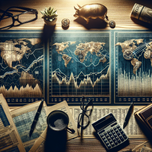 An analytical scenario showing three significant charts, symbols, or indicators. The first chart represents Dow Jones industrial average, a stock market index, with fluctuating lines denoting various time periods. The second chart illustrates DAX 30, a German blue-chip stock market index, again depicted with varying lines corresponding to different time periods. Lastly, the chart for S&P 500, including 500 large companies listed on stock exchanges in the United States, also showing its fluctuations over time. Enhance the scenes with subtle signs of financial activities, such as tiny calculators, newspapers, and glasses resting on them.