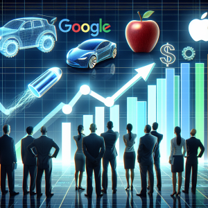 An illustrated representation of the financial market focusing on tech shares. The image should feature a futuristic looking stock market graph, rising towards the upper right-hand corner signifying growth. The graph should be accompanied with symbols of a battery-powered car representing Tesla, an apple fruit signifying Apple Inc., and symbolic abstract letter G for Google. A diverse group of investors, male and female of various descents like Caucasian and Hispanic, are observing the graph. The atmosphere should depict anticipation and curiosity.