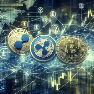 A conceptual image visualizing the analysis of alternative cryptocurrencies. Showcase the representation of Ripple and Litecoin as symbolic coin logos tangled in a web of data represented by numbers and charts. Incorporate related cryptocurrency symbols into the background to signify that these coins exist in a broader market ecosystem. The overall atmosphere of the image should convey a sense of deep analysis, complexity and innovation in the world of digital finance.