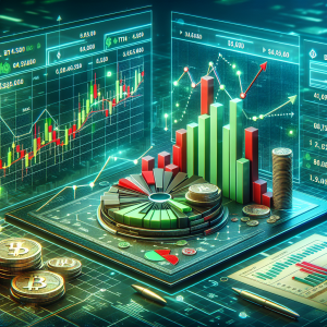 A detailed financial chart showing the progress of two major entities, symbolized as BTK and Ether. The chart should be dominated by green and red bars, indicating rises and falls in their respective values. At the side, include a stack of coins symbolizing investment. A spreadsheet is nearby, showcasing various financial information and calculations. Above the chart, a banner with the words 'BTK and Ether: Course Overview and Financial Details' can be seen. Everything is set in a futuristic digital landscape to symbolize the technological aspect of these entities.