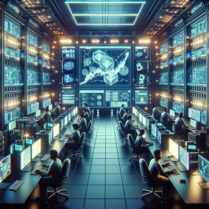 A futuristic visualization of cryptocurrency mining in the year 2023. The image features  a detailed room filled with advanced supercomputers with neon lights, where computations are running on multiple screens. It gives the impression of a high-tech, highly efficient operation, almost like a command center. The room is occupied by a diverse team of individuals - a Middle-Eastern man, a Caucasian woman, a Black man, and a Hispanic woman, busy at work, suggesting collaborative and inclusive work environment. A visible line graph on one of the screens indicates profitable outcomes, symbolizing the profit from cryptocurrency mining in 2023.