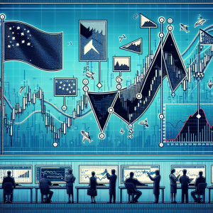 A detailed illustration containing two common technical analysis patterns used in trading: a flag and a pennant. In the image, showcase a graphical representation of a bustling stock market, complete with a stock market chart on a digital screen. Along the graph, depict the flag and pennant patterns, denoting their salient features and highlighting the key points. Add some traders analyzing these patterns, each showing a variety of emotions from curiosity to excitement. Provide the entire scene a professional and intriguing aura, making it attractive for finance and trading enthusiasts.