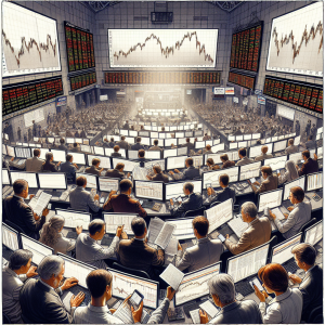 An illustrative image for a financial article. Show a detailed depiction of a bustling trading floor, capturing the intensity and energy of the moment. Traders are scattered around, deeply involved in their screens displaying multiple graphs and stock indexes. A large electronic board is seen overhead with numbers fluctuating rapidly; it is the heart of the Moscow Stock Exchange. We can see a few female and male traders of Caucasian and Middle-Eastern descent. Amidst the chaos, there's a person holding a document titled 'Futures Trading: The Basics' in Russian, suggesting the theme of futures trading.