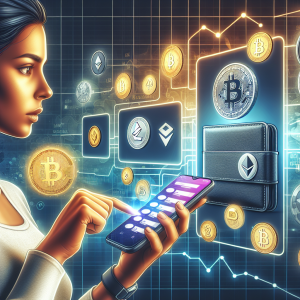 An image showing a person engaging with an Android device in search of the best cryptocurrency wallet. The screen displays several options of different wallets, signifying various choices. The person, a Hispanic woman, is visibly analysing and comparing the options, displaying an expression of thoughtfulness. Around her, there are scattered coins signifying different cryptocurrencies like Bitcoin, Ethereum, and Litecoin. Also, include elements like charts and graphs showing the fluctuation in values in the background to symbolize the dynamic nature of cryptocurrencies.