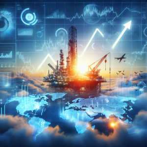 Illustration for an article analyzing and predicting the stock prices of a Russian energy company known for its turbo machinery products, natural gas exploration and production. The scene should show a graph skyrocketing on a holographic digital screen, with global maps and figures on the side, implying global influence of the company's share price. In the background, the image of a powerful gas rig at dawn symbolizing the company's core business activities.