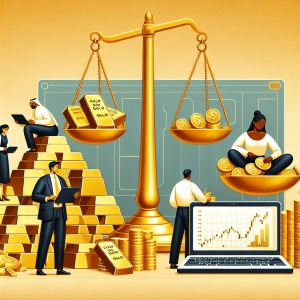 A scene illustrating the concept of investing in gold. The image could incorporate multiple elements such as: gold bars stacked neatly on one side, representing gold bullion investments. There could be a laptop on the other side displaying the ticker symbols of precious metal ETFs, symbolizing stock market investments in gold. To display diversity, there could be a Middle-Eastern man examining the gold bars, while a Black woman is researching gold ETFs on the laptop. A balance scale may be in the center, representing the weighing of options between physical gold and gold ETFs.