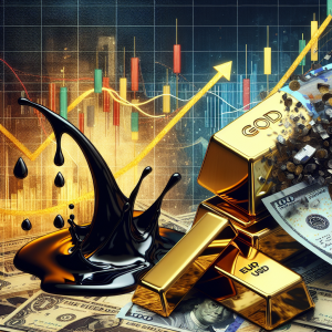 An abstract interpretation of a short-term prediction for oil, gold, and the EURUSD currency exchange rate. The image should visually demonstrate the concept of fluctuating financial markets using symbolic representations. Oil could be represented by a black liquid substance, gold represented by a shiny golden bar, while the EURUSD could be symbolized by a combination of euro and dollar banknotes. All of these elements are to be displayed against the backdrop of a line chart indicating volatility, with arrows pointing up and down to represent potential market shifts.