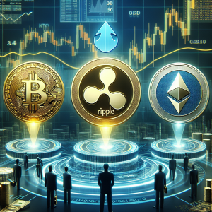 A futuristic image illustrating the concept of Bitcoin (BTC), Ripple (XRP), and Ethereum (ETH) projected values for the year 2023. Include symbols for these three major cryptocurrencies: Bitcoin is represented by a gold coin with the B-symbol, Ripple with a blue circle including a minimalist wave symbol, and Ethereum with a silver coin showing the Ξ-symbol. Include elements like financial charts, upward and downward trending arrows, and binary codes to symbolize the digital nature of these assets. Please don't feature any real-world figures, like politicians, economists or financial experts.