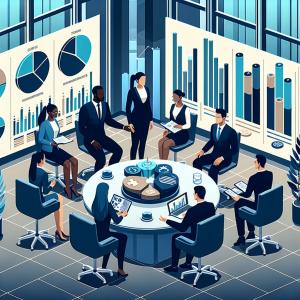 Depict a professional scene set in a financial institution. There is a diverse group of individuals, consisting of a Black male investment broker, a Middle-Eastern female financier and a Hispanic finance manager, discussing and contemplating various types of investment methods visually represented by pie charts, graphs and tabular data. The tables should have different colors representing different types of investments. The setting should be formal, with impactful yet sophisticated decor, symbolizing the seriousness and gravity of their work.