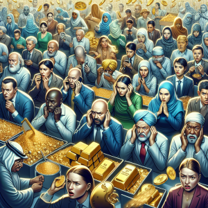 An image of a dynamic, animated market scene filled with various people representing different global descents, including Black, Hispanic, Caucasian, Middle-Eastern, South Asian. Each person is trading gold, with expressions of concern or worry on their faces, representing a sense of 'fear' at the gold market. A variety of gold items such as bullions, gold bars, and coins are shown being traded among them. Subtle elements of visual tension, nervousness, and uncertainty are incorporated to highlight the theme of 'what awaits investors?'