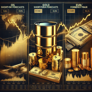 A detailed financial poster expressing short-term forecasts for oil, gold, and EUR/USD. This poster contains three distinct sections: one for each commodity and currency pair. For the oil section, include a rising graph chart with values and a barrel with the expensive oil dripping. For gold, depict a shining golden bar resting next to a stable line graph with fluctuating values. Lastly, for EUR/USD pair section, show two stacks of corresponding currency next to each other with a dynamic Forex trade chart in the background, showcasing volatility. Please, add relevant statistical data around these visuals.