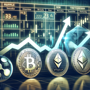 A digital artwork portraying the concept of future prediction of three major cryptocurrencies: Bitcoin, Ripple, and Ethereum for the following week. The image should include symbols of these three cryptocurrencies in the foreground, each with an upward arrow indicating growth. In the background, there should be a calendar with a highlighted span of one week. Also include aesthetic elements such as charts, graphs, and perhaps a crystal ball signifying the prediction aspect of the topic. The overall style should be modern, digital, and professional.