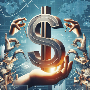 Conceptual illustration of a dollar symbol being supported by various tariffs, with background imagery of a market showing signs of fluctuation and change. Dollar symbol should be centrally positioned and larger than the elements that are supporting it. Tariffs can be depicted as hands, levers, or scaffolding, providing structural support to the dollar. The market can be represented as an assortment of symbols such as charts, arrows, scales, and other economic indicators, conveying a sense of turbulence and movement.