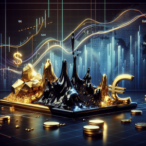 Visualize an artistic representation of a short-term financial forecast. Depict an abstract concept of oil represented as a black fluid, gold as shimmering nuggets and EURUSD as digital euro and dollar symbols. These three elements should be depicted in a harmonious yet dynamic setting indicating motion and change. The scene should be set against a backdrop of a graph with dynamic lines and curves to illustrate the concept of fluctuation and unpredictability. No people are needed in this image.
