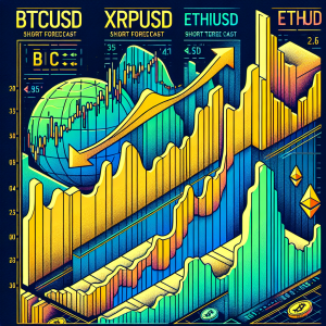 A detailed infographic showing the short-term forecast for the BTCUSD, XRPUSD and ETHUSD. This includes 3 stylised line charts, each one representing a different cryptocurrency. Each line chart has an X-axis indicating 'time' and a Y-axis indicating 'value'. The BTCUSD line chart is coloured in golden yellow, the XRPUSD one in vibrant green, and the ETHUSD chart in electric blue. The infographic also includes a central title in bold, block letters stating 'Short-Term Forecast: BTCUSD, XRPUSD, ETHUSD'.