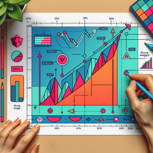 An illustrated guide for understanding and effectively applying the rising wedge pattern in finance. The image displays a simplified chart with a rising wedge pattern highlighted. The wedge is surrounded by annotations pointing to key features, with a vibrant color scheme to differentiate between sections. Create an aesthetic environment that promotes learning and effective understanding.