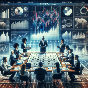 An image concept for a finance-based weekly forecast, capturing the essence of economic predictions: It's Monday morning, a multi-ethnic team of corporate individuals - an African male economist, a Hispanic female statistician, and an Asian male financial analyst - are huddled around a large table with calendars, finance reports, and graphs scattered about. In the center is a prominent calendar, the current week highlighted. On the background, a large screen shows fluctuating bar graphs and pie charts, symbolizing market trends and forecasts. The entire scene exudes a sense of anticipation and strategy.