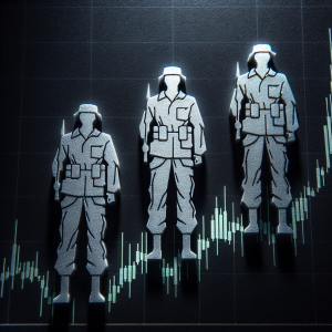 A detailed representation of the 'Three White Soldiers' candlestick pattern commonly used by investors in stock market analysis. The pattern consists of three long, white (or green) candlesticks in a row, representing increasing prices over three consecutive trading periods. Each 'soldier' should stand taller than the one before, with their bodies not having any shadows, or having very small ones. The image should be on a dark background, to contrast the white soldiers, and include a chart depicting this pattern with an upward trend.