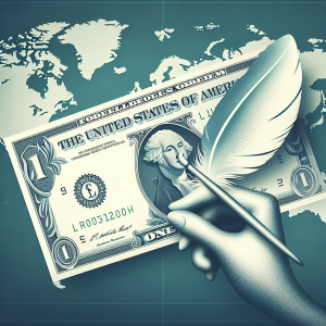 A stylized image of a dollar bill being gently pushed by a delicate force represented by a feather. This is to symbolize the soft policy influencing the dollar exchange rate. In the background, include a muted image of world map to give a global context to the subject.