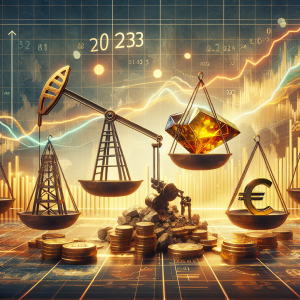 Visualize a dynamic scene in which an illustrated prediction chart for 2023 stretches across the frame. On this chart, we see three curves representing oil, gold, and the EUR/USD exchange rate. Symbolize oil with a rustic, old-fashioned oil derrick, gold with a luminous gold nugget, and the EUR/USD exchange rate with a pair of scales balancing a Euro coin and a US dollar bill. Make sure these symbols float along their respective lines in the chart. In the background, depict a large, digital 2023 as a reminder of the year of forecast.