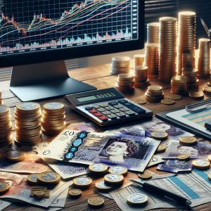 Render a visual representation of the British pound currency notes and coins arranged neatly and aesthetically on a wooden table, with charts and graphs in the background depicting forex market trends. Include in the scene records, calculators, and a desktop computer showing the activity of the currency market. Ensure the use of varied lighting to accentuate the details and provide focus on the money.