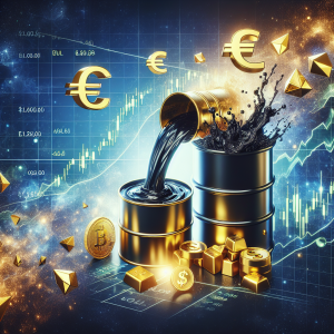 Visualize an abstract market scenario. Represent the commodities: oil, gold, and the currency pair EUR/USD. Oil could be represented by a black liquid pouring out of a barrel. Gold could be represented by shiny gold nuggets or bars. EUR/USD could be represented by symbols of Euro and Dollar floating in space. Also, include a rising or falling graph in the background to suggest the concept of short-term forecasting.